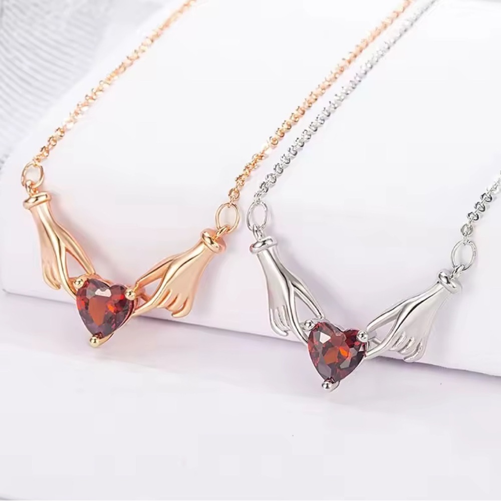 18K White Gold (Rhodium) Claddagh Inspired Hands Holding Gemstone Heart Necklace - Picture 6 of 7